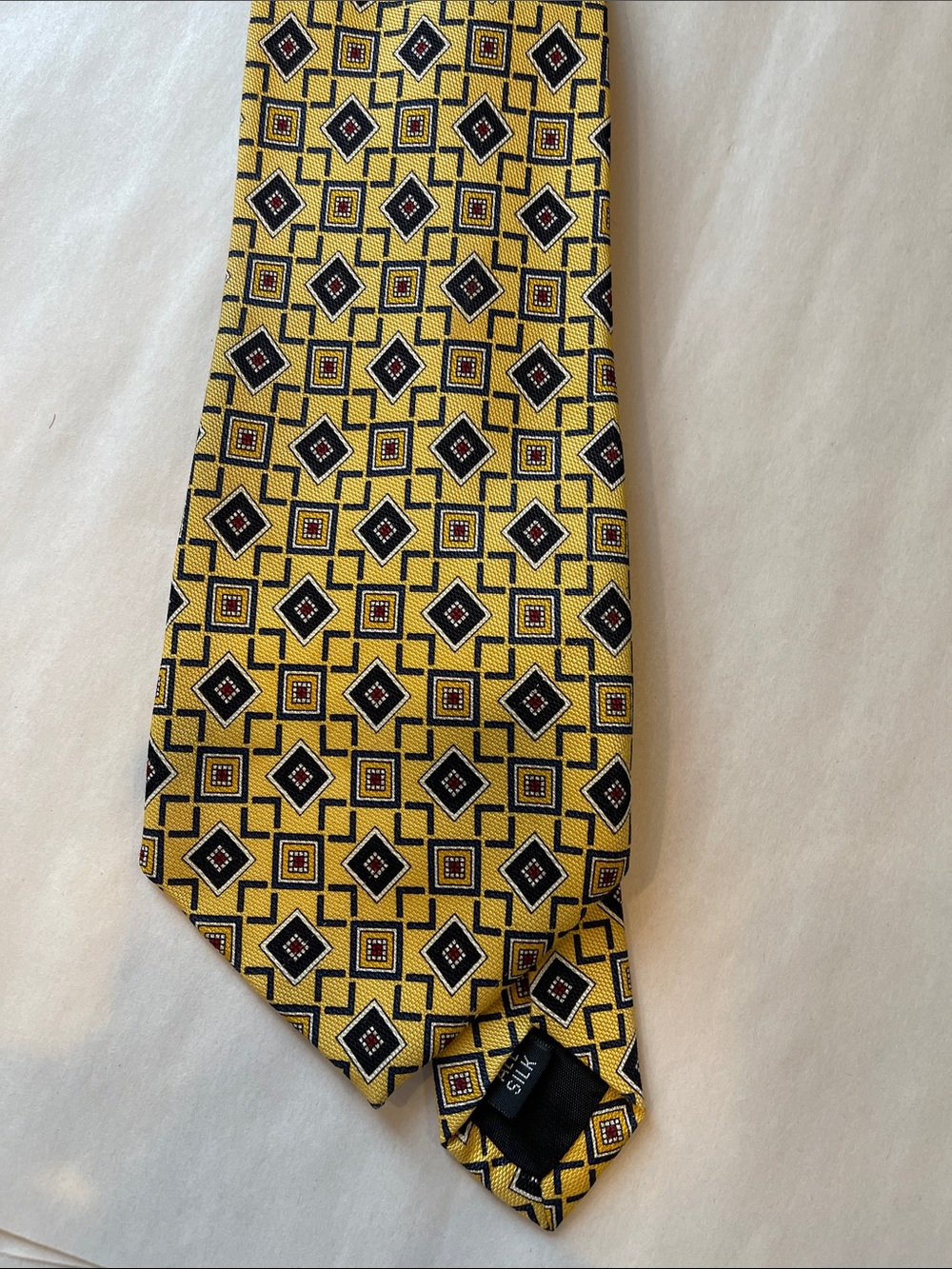 Alan Flusser Yellow Geometric Silk Tie with Black and Red Accents